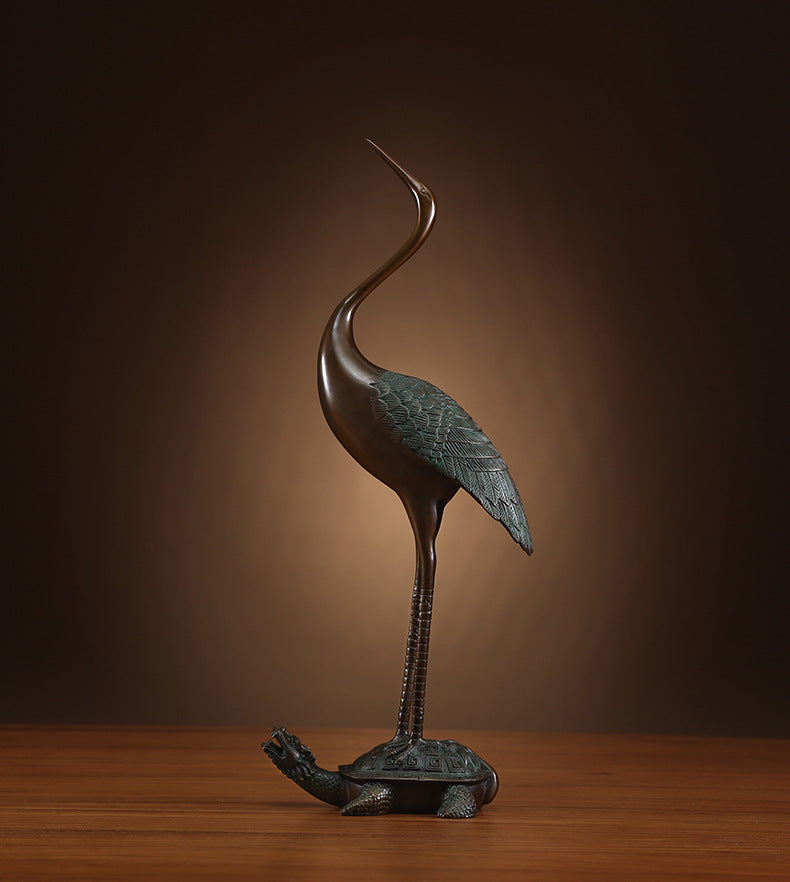 Brass Turtle and Crane Ornament Longevity Turtle Crane Fairy Crane Home Gift for Elderly Birthday Celebration Gift Living Room Decoration