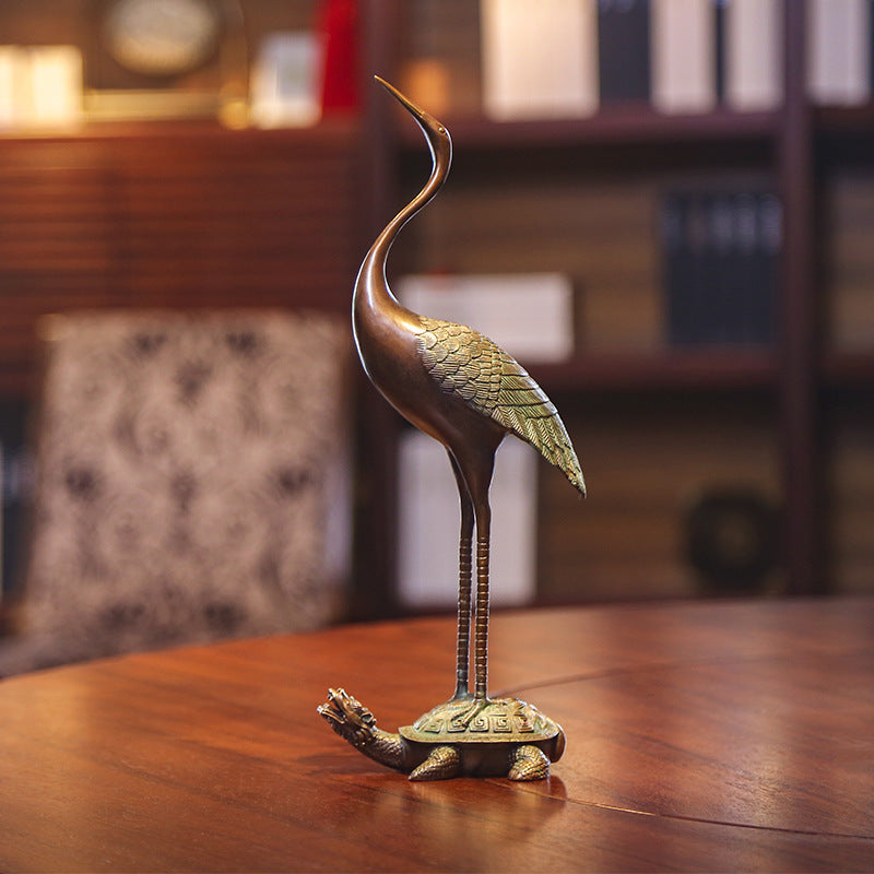 Brass Turtle and Crane Ornament Longevity Turtle Crane Fairy Crane Home Gift for Elderly Birthday Celebration Gift Living Room Decoration