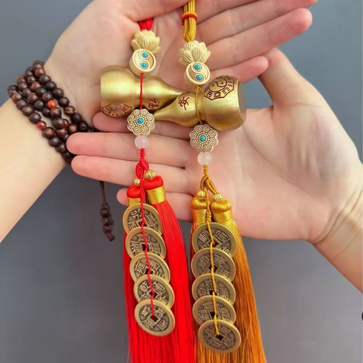 Boxwood Lotus Bagua Bronze Calabash (Thickened & Enlarged) with Five Emperor Coins - For Entrance Door/Car Hanging & Five Yellow Evil Feng Shui Ornament