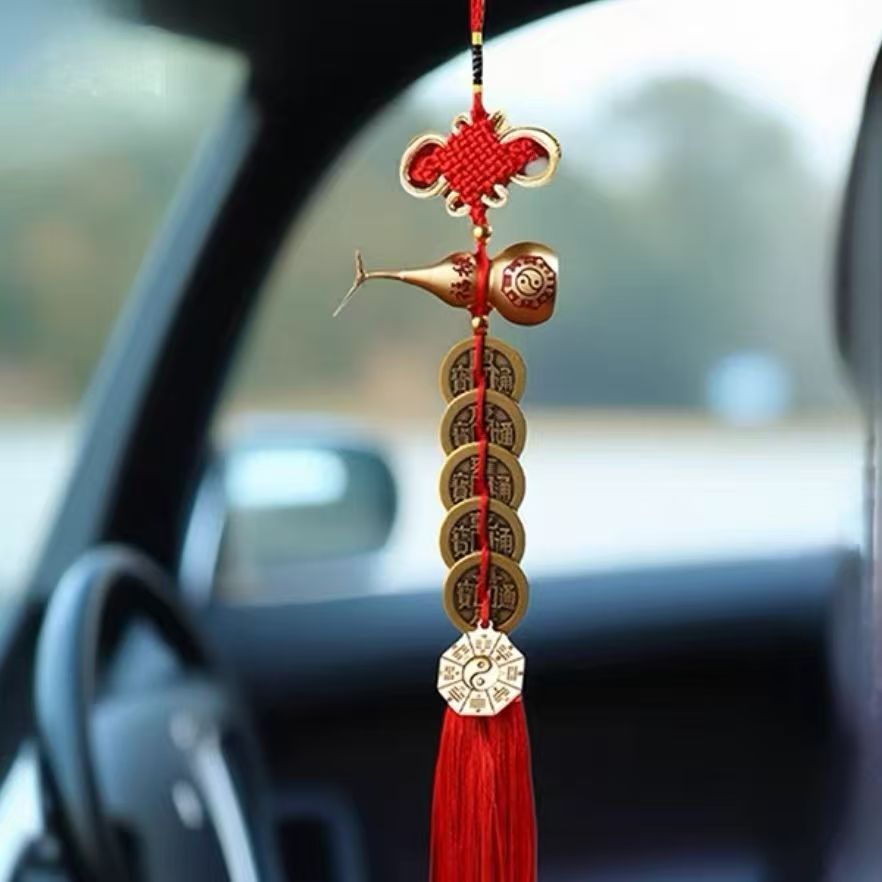 Pure Copper Five Emperor Coins with Chinese Knot & Calabash Gourd - Feng Shui Wealth Luck Hanging Ornament for Door/Home Decor