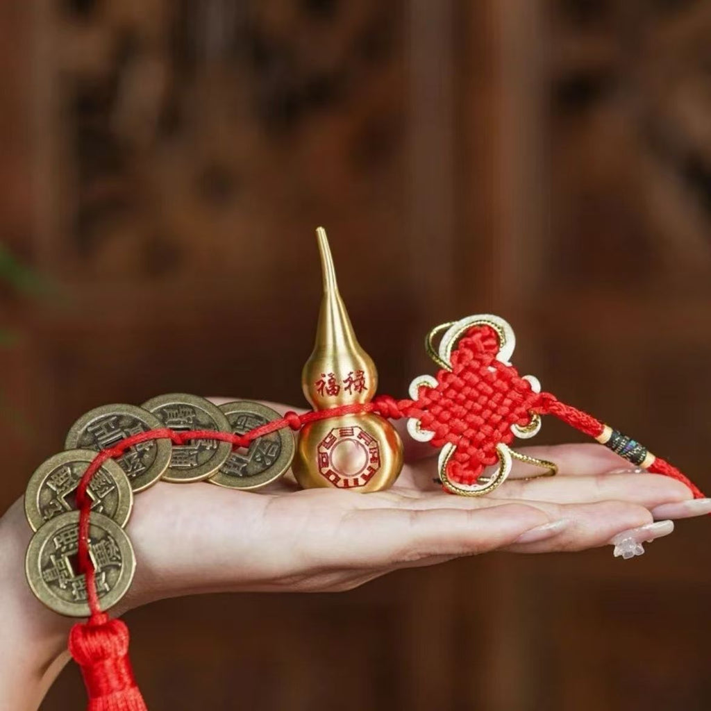 Bagua Fulu Well-being Bronze Calabash with Five Emperor Coins - Auspicious Wealth Knot Hanging Ornament for Entrance/Shop Doors & Balcony Beams, Promoting Prosperity & Talents