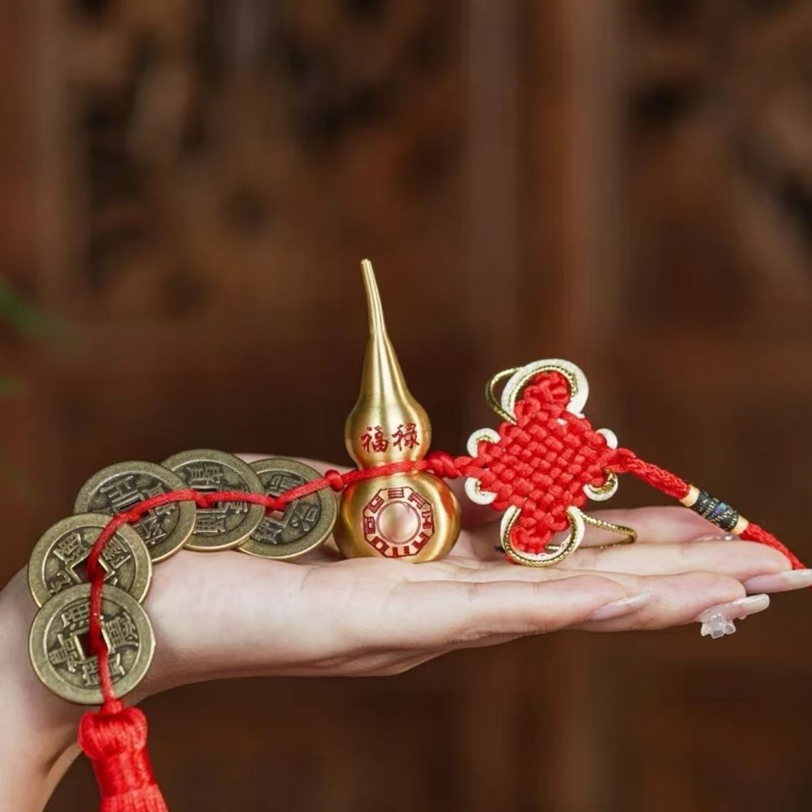 Bagua Fulu Well-being Bronze Calabash with Five Emperor Coins - Auspicious Wealth Knot Hanging Ornament for Entrance/Shop Doors & Balcony Beams, Promoting Prosperity & Talents