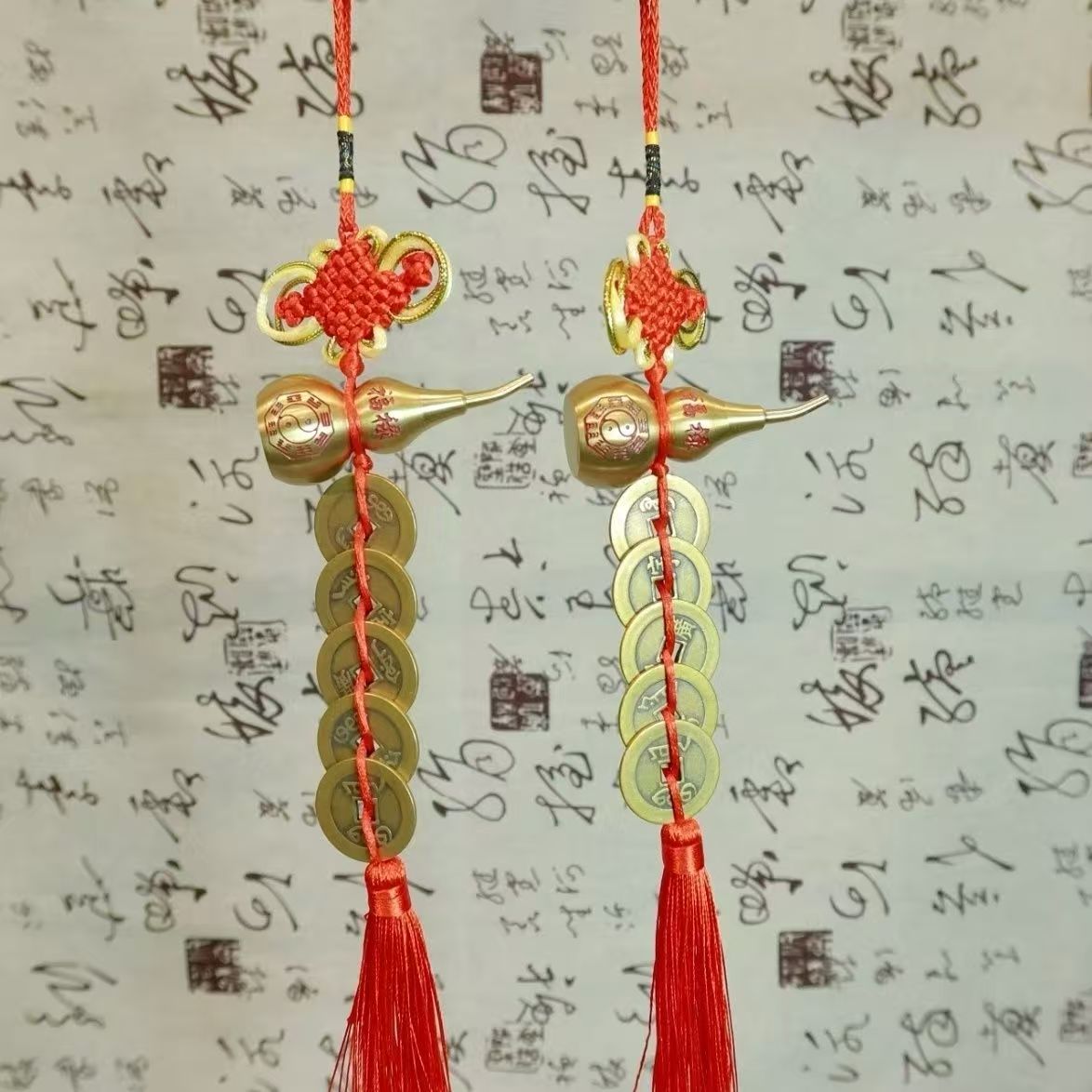 Bagua Fulu Well-being Bronze Calabash with Five Emperor Coins - Auspicious Wealth Knot Hanging Ornament for Entrance/Shop Doors & Balcony Beams, Promoting Prosperity & Talents