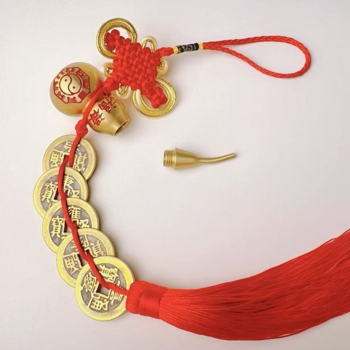 Bagua Fulu Well-being Bronze Calabash with Five Emperor Coins - Auspicious Wealth Knot Hanging Ornament for Entrance/Shop Doors & Balcony Beams, Promoting Prosperity & Talents