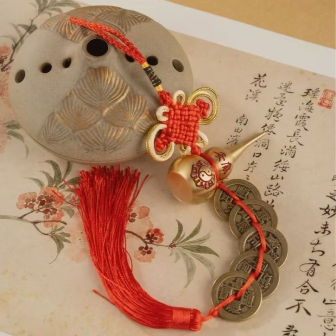 Bagua Fulu Well-being Bronze Calabash with Five Emperor Coins - Auspicious Wealth Knot Hanging Ornament for Entrance/Shop Doors & Balcony Beams, Promoting Prosperity & Talents