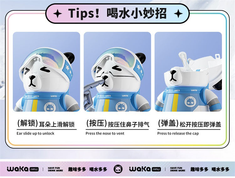 waka Panda Insulated Cup for Men and Women, High-Value Cartoon Trendy Toy Figurine, Ceramic Inner Liner, Food-Grade Children's Water Cup