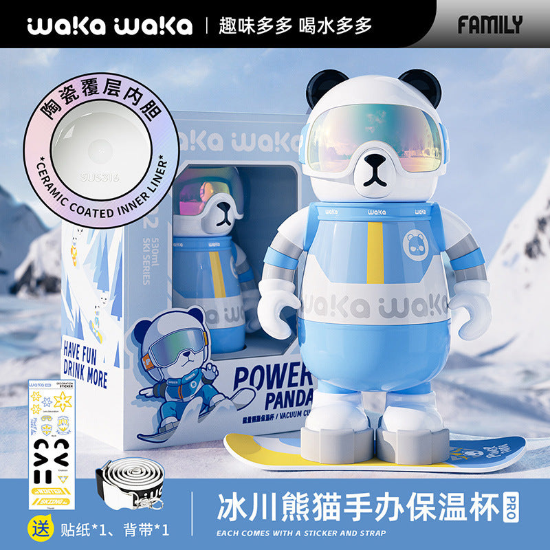 waka Panda Insulated Cup for Men and Women, High-Value Cartoon Trendy Toy Figurine, Ceramic Inner Liner, Food-Grade Children's Water Cup