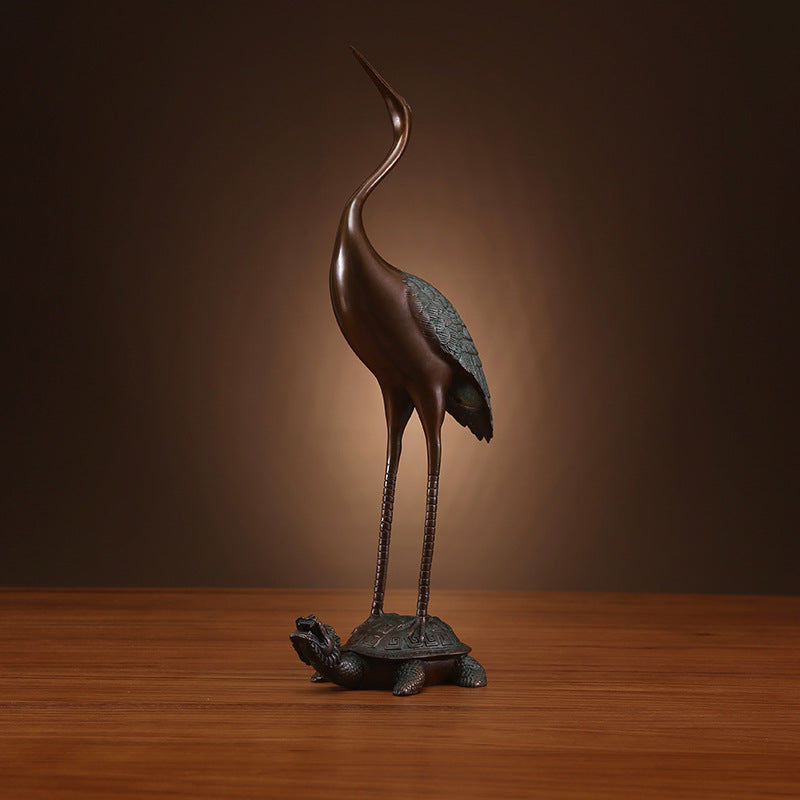 Brass Turtle and Crane Ornament Longevity Turtle Crane Fairy Crane Home Gift for Elderly Birthday Celebration Gift Living Room Decoration