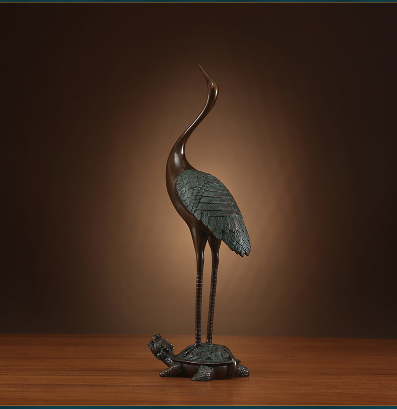 Brass Turtle and Crane Ornament Longevity Turtle Crane Fairy Crane Home Gift for Elderly Birthday Celebration Gift Living Room Decoration