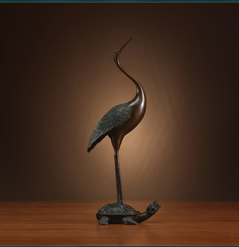 Brass Turtle and Crane Ornament Longevity Turtle Crane Fairy Crane Home Gift for Elderly Birthday Celebration Gift Living Room Decoration