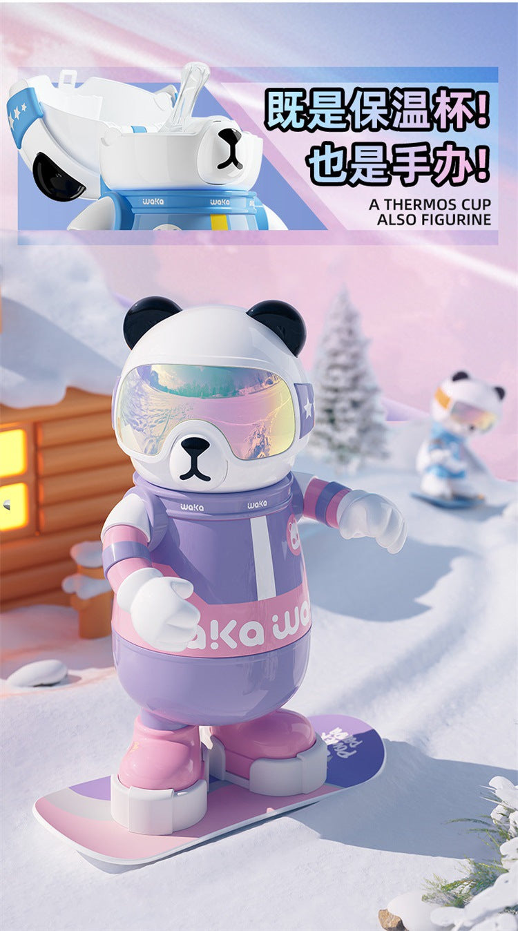 waka Panda Insulated Cup for Men and Women, High-Value Cartoon Trendy Toy Figurine, Ceramic Inner Liner, Food-Grade Children's Water Cup