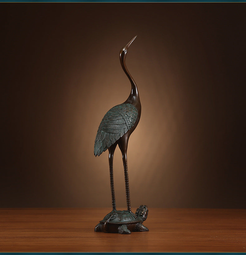 Brass Turtle and Crane Ornament Longevity Turtle Crane Fairy Crane Home Gift for Elderly Birthday Celebration Gift Living Room Decoration