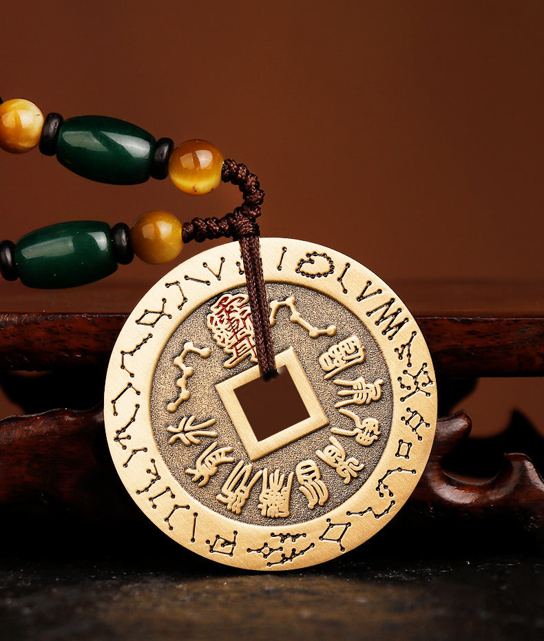 Pure Brass Nine-Character Mantra Purple Star Taboo Pendant Those Who Approach the Soldiers Shall Align in Formation Four Divine Beasts Copper Coin Necklace Taoist