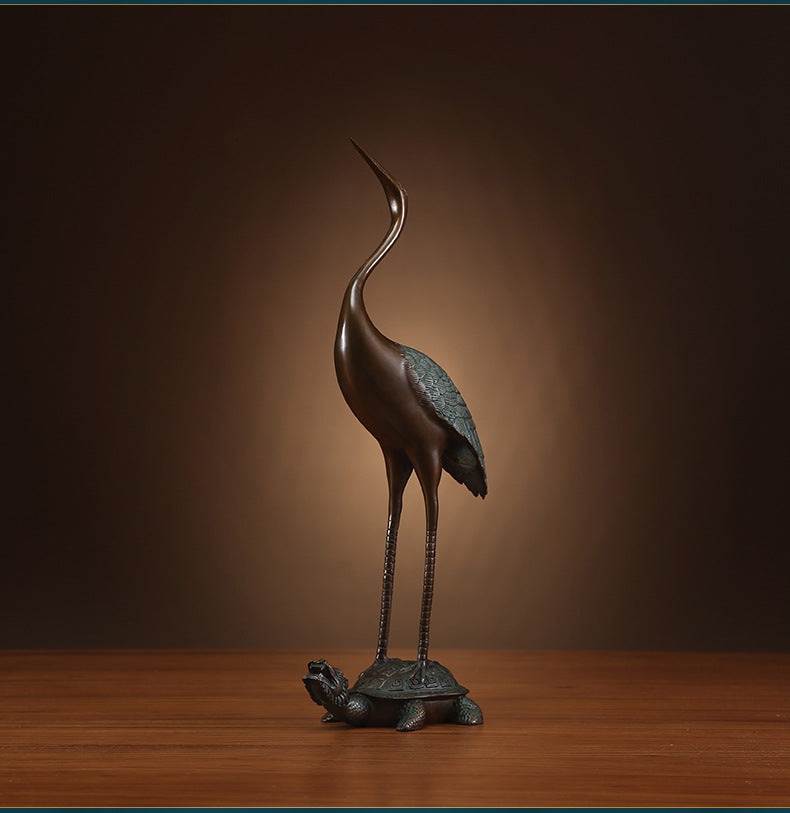Brass Turtle and Crane Ornament Longevity Turtle Crane Fairy Crane Home Gift for Elderly Birthday Celebration Gift Living Room Decoration