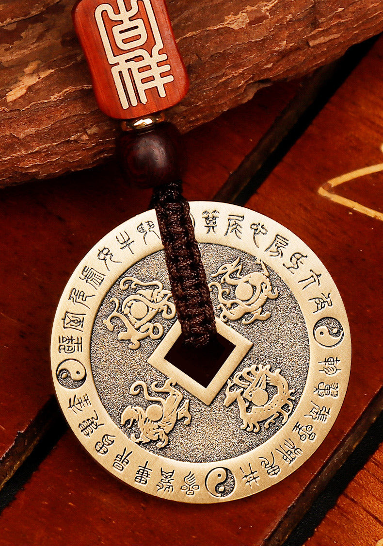 Pure Brass Nine-Character Mantra Purple Star Taboo Pendant Those Who Approach the Soldiers Shall Align in Formation Four Divine Beasts Copper Coin Necklace Taoist