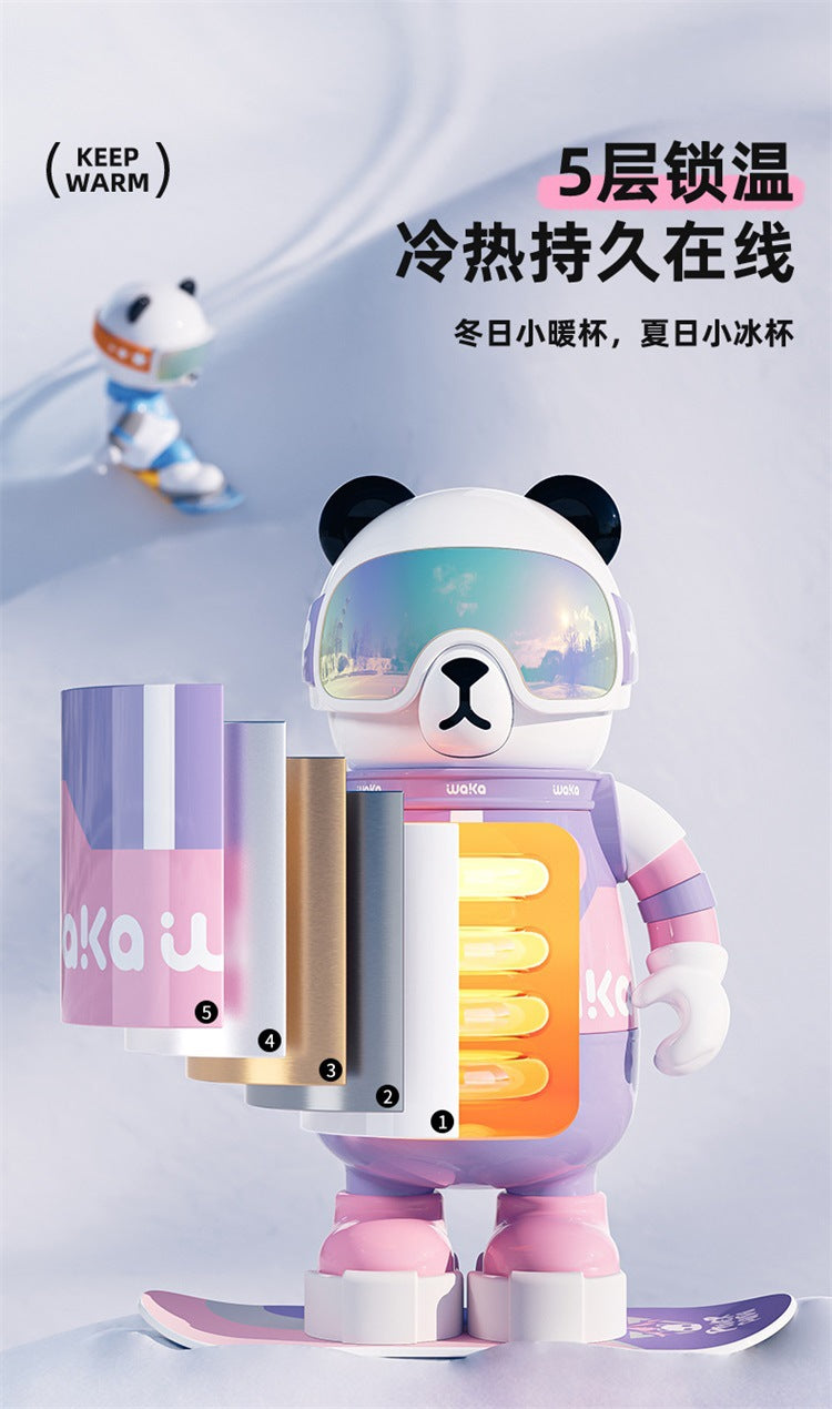 waka Panda Insulated Cup for Men and Women, High-Value Cartoon Trendy Toy Figurine, Ceramic Inner Liner, Food-Grade Children's Water Cup