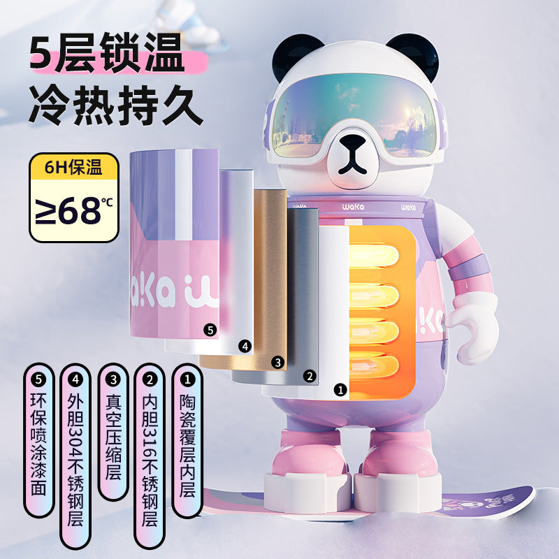 waka Panda Insulated Cup for Men and Women, High-Value Cartoon Trendy Toy Figurine, Ceramic Inner Liner, Food-Grade Children's Water Cup