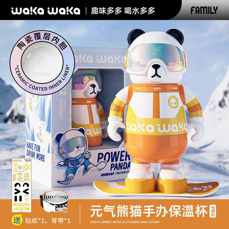 waka Panda Insulated Cup for Men and Women, High-Value Cartoon Trendy Toy Figurine, Ceramic Inner Liner, Food-Grade Children's Water Cup