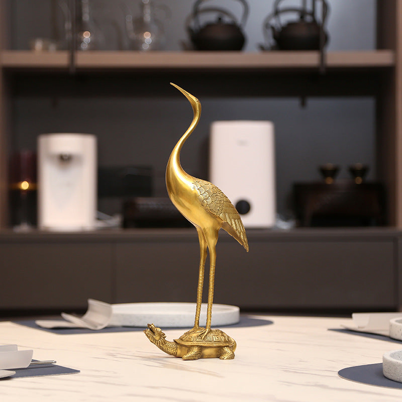 Brass Turtle and Crane Ornament Longevity Turtle Crane Fairy Crane Home Gift for Elderly Birthday Celebration Gift Living Room Decoration