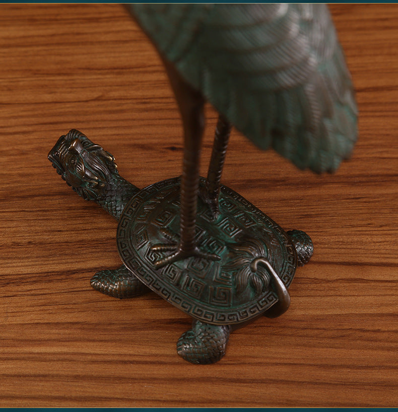 Brass Turtle and Crane Ornament Longevity Turtle Crane Fairy Crane Home Gift for Elderly Birthday Celebration Gift Living Room Decoration